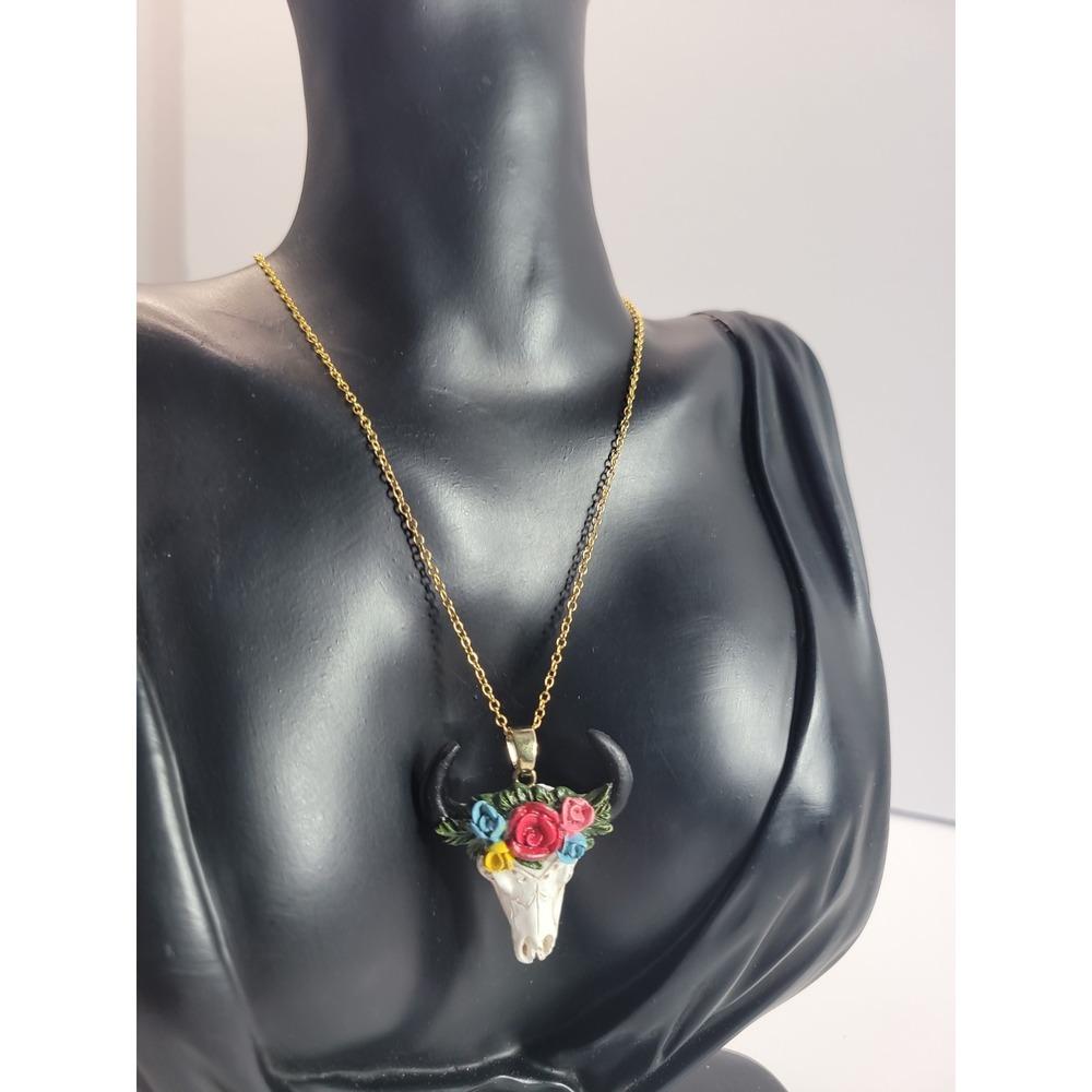Bull Cow Skull Pendant Necklace Multicolor Floral Western Boho Cowgirl Jewelry